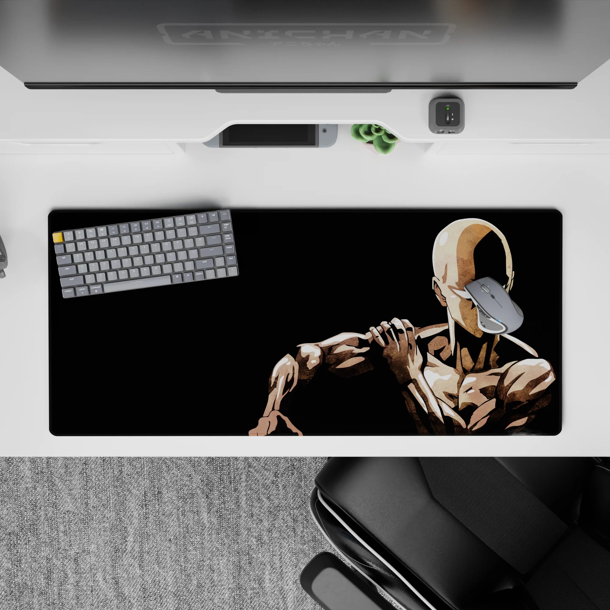 Black-and-beige anime desk pad 36x16 inches with stark contrast, calm intense mood, smooth minimal style.