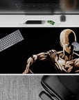 High-contrast black and beige anime desk pad 40x20 inches, calm intense mood, sharp shadows.