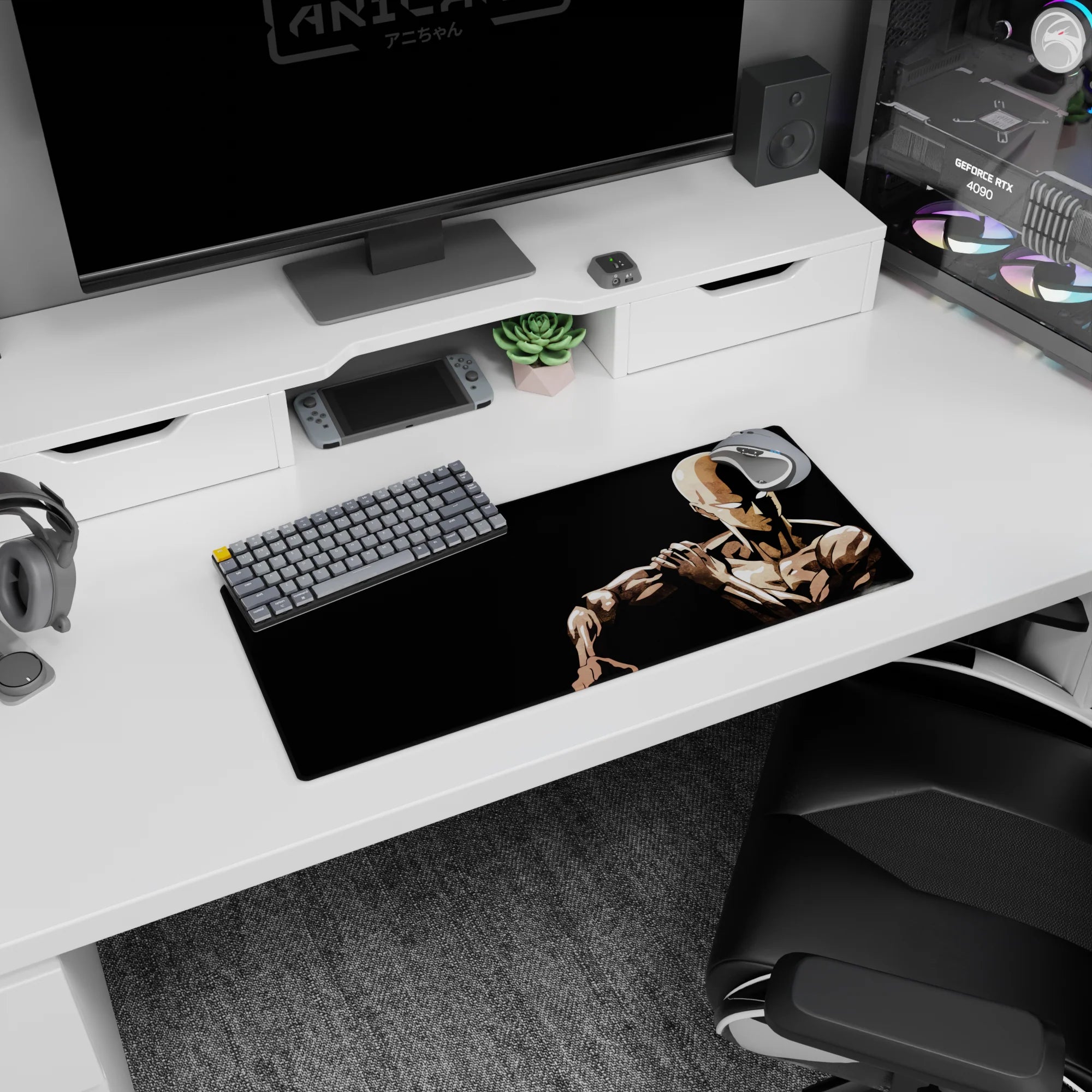 Saitama sitting in calm silence with hand on shoulder anime mouse pad 28x12 inches, focused gaze.