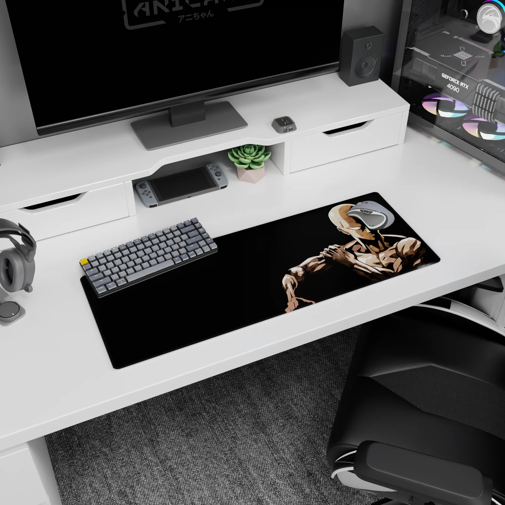 32x12 inches anime mouse pad showing Saitama seated in silent focus, one hand on his shoulder, sharp shadows.