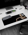 32x12 inches anime mouse pad showing Saitama seated in silent focus, one hand on his shoulder, sharp shadows.