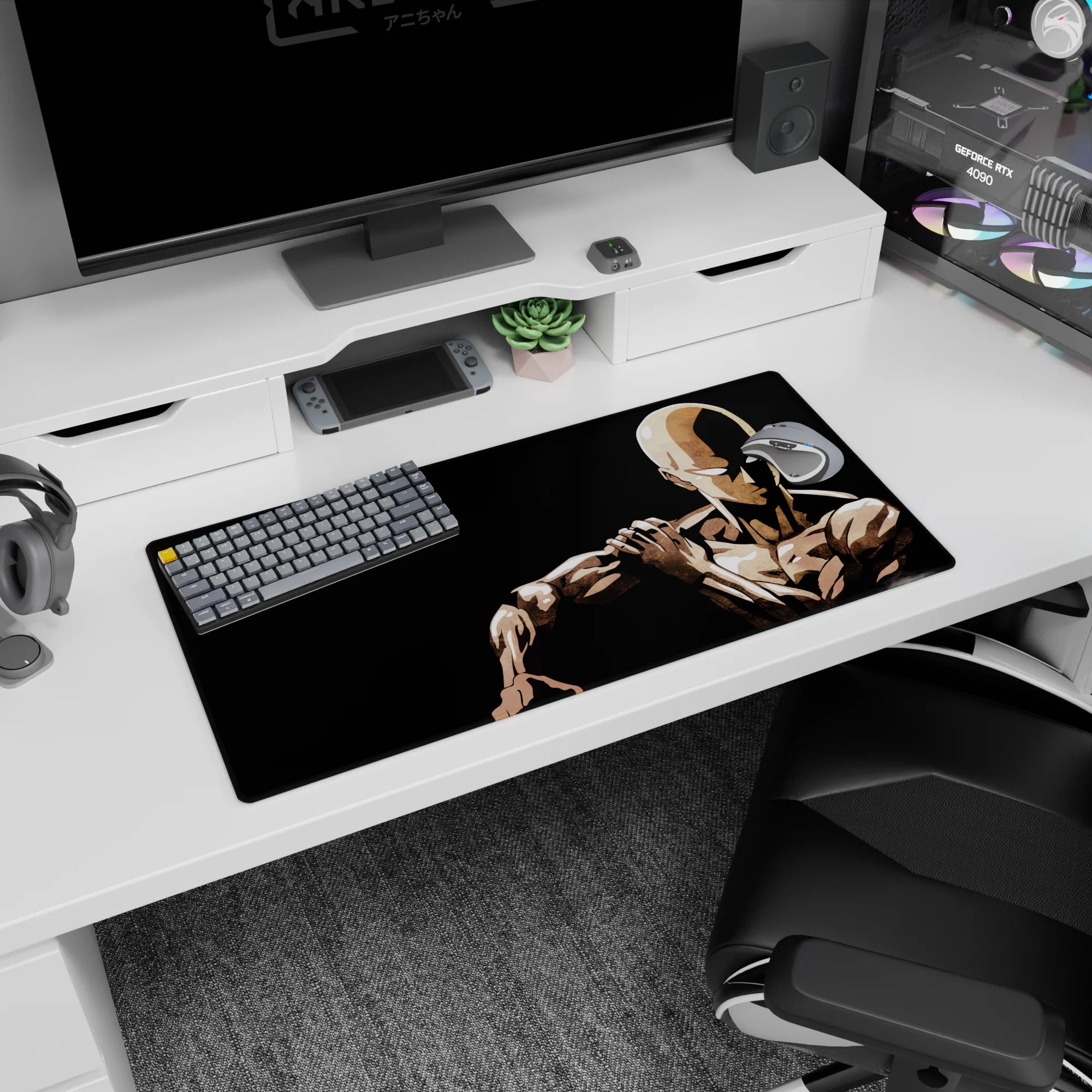 32x16 inches Saitama mouse pad showing the bald hero seated in silence, hand on shoulder, focused gaze.