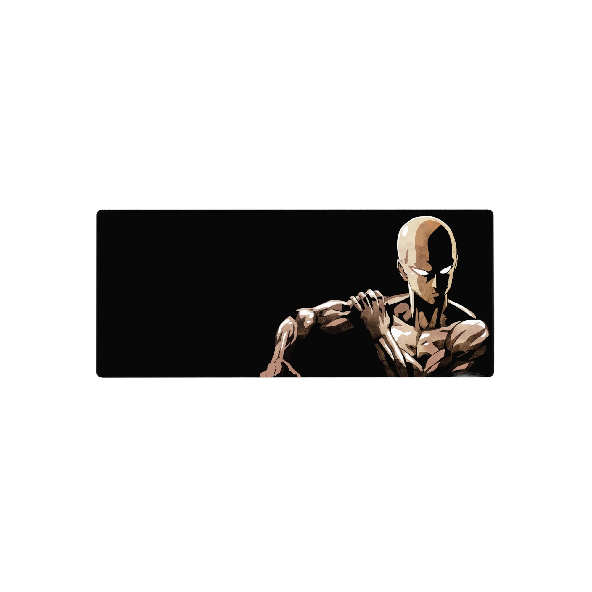 Minimalist Saitama anime mouse pad desk mat 28x12 inches with bold contrast hero portrait.