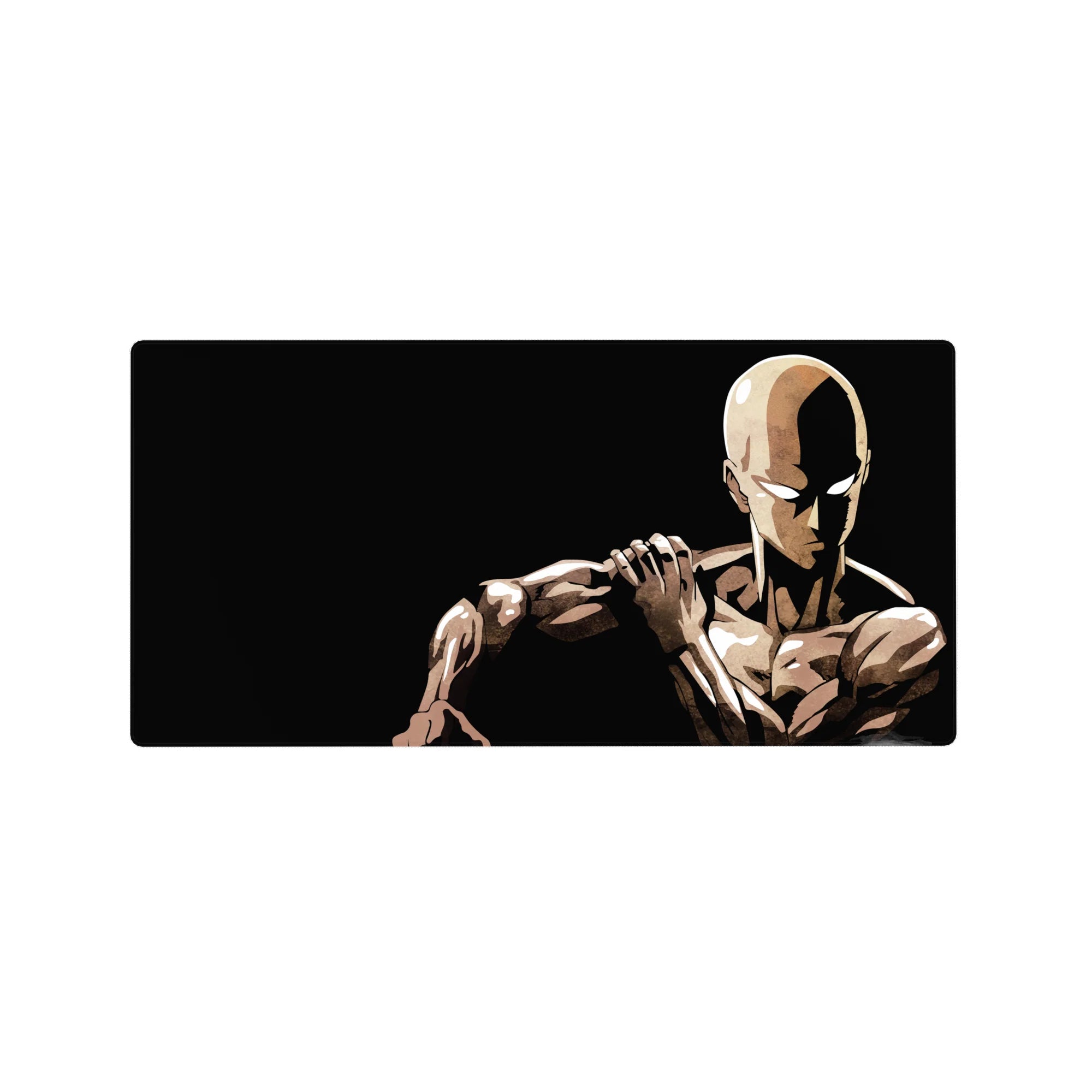 32x16 inches anime mouse pad with minimalist Saitama portrait, bold contrast desk mat design.