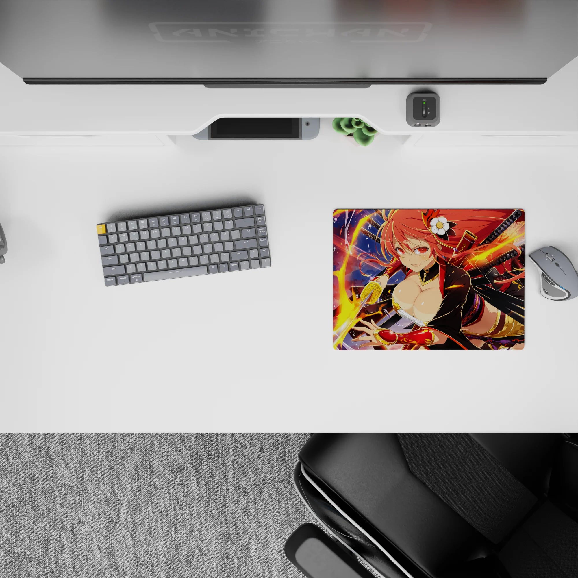 Classic anime girl mouse pad 14x10 inches in warm reds and gold, midnight duel mood with glowing flame arcs.