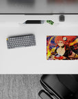 Classic anime girl mouse pad 14x10 inches in warm reds and gold, midnight duel mood with glowing flame arcs.