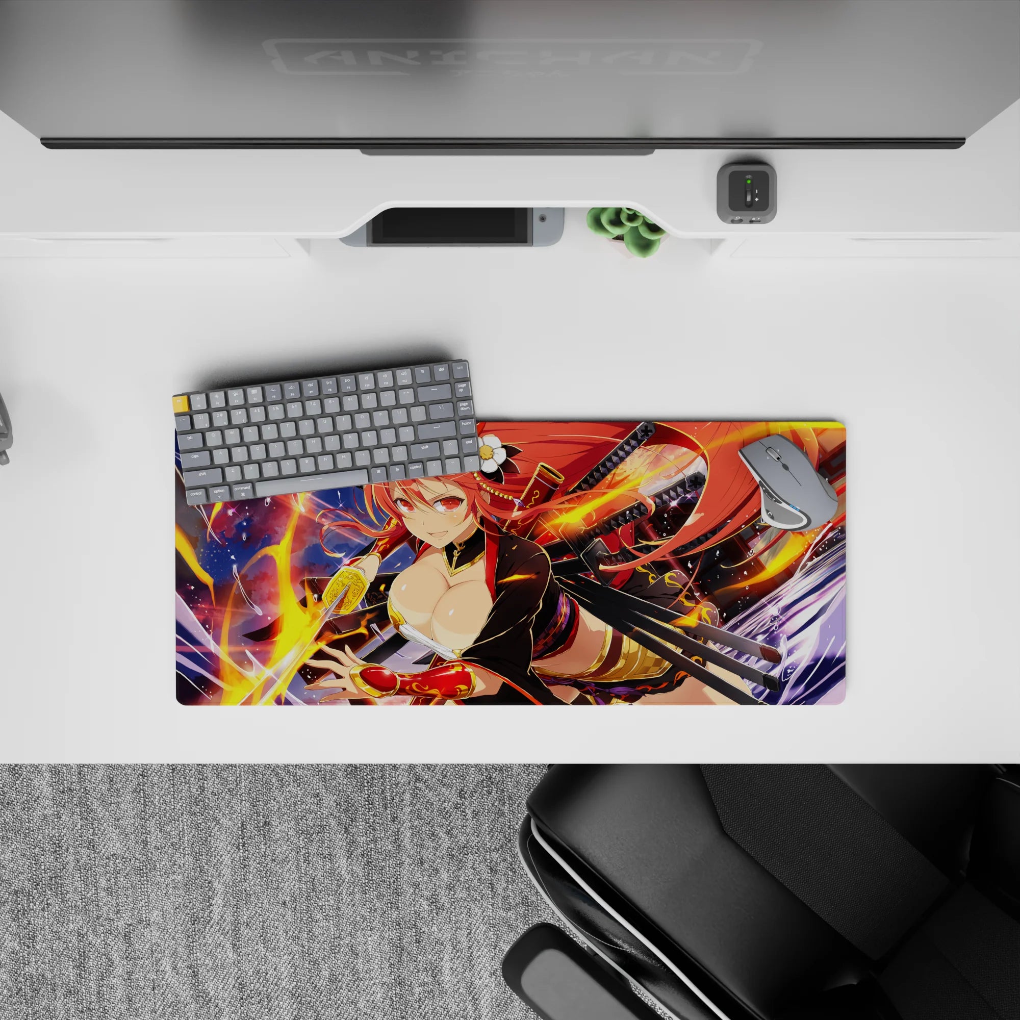 Anime girl mouse pad 28x12 inches in warm reds and gold, midnight sky backdrop with swirling flame arcs.