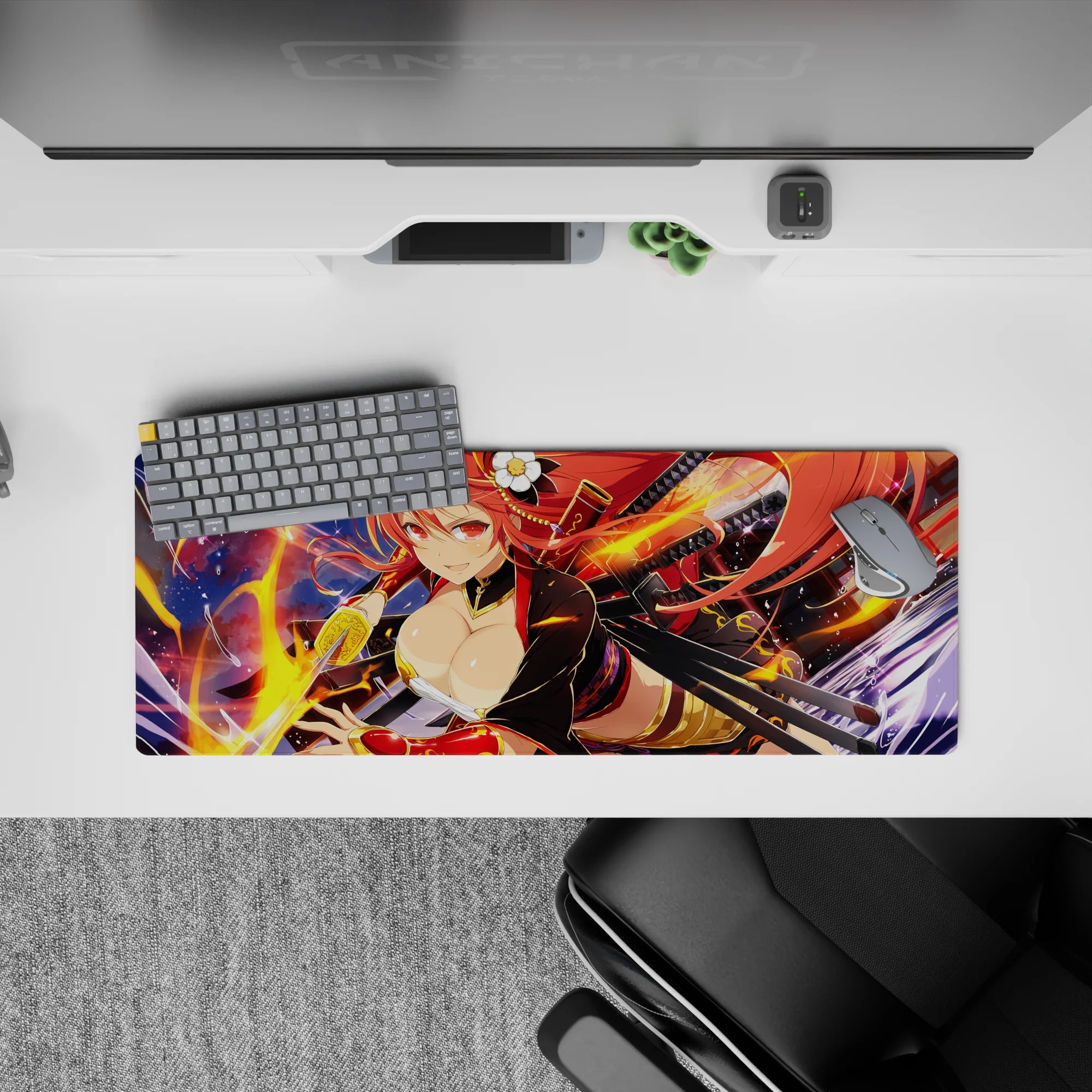 32x12 inches anime girl mouse pad in warm reds and gold, midnight sky backdrop with glowing flame arcs.