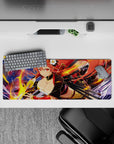 32x12 inches anime girl mouse pad in warm reds and gold, midnight sky backdrop with glowing flame arcs.
