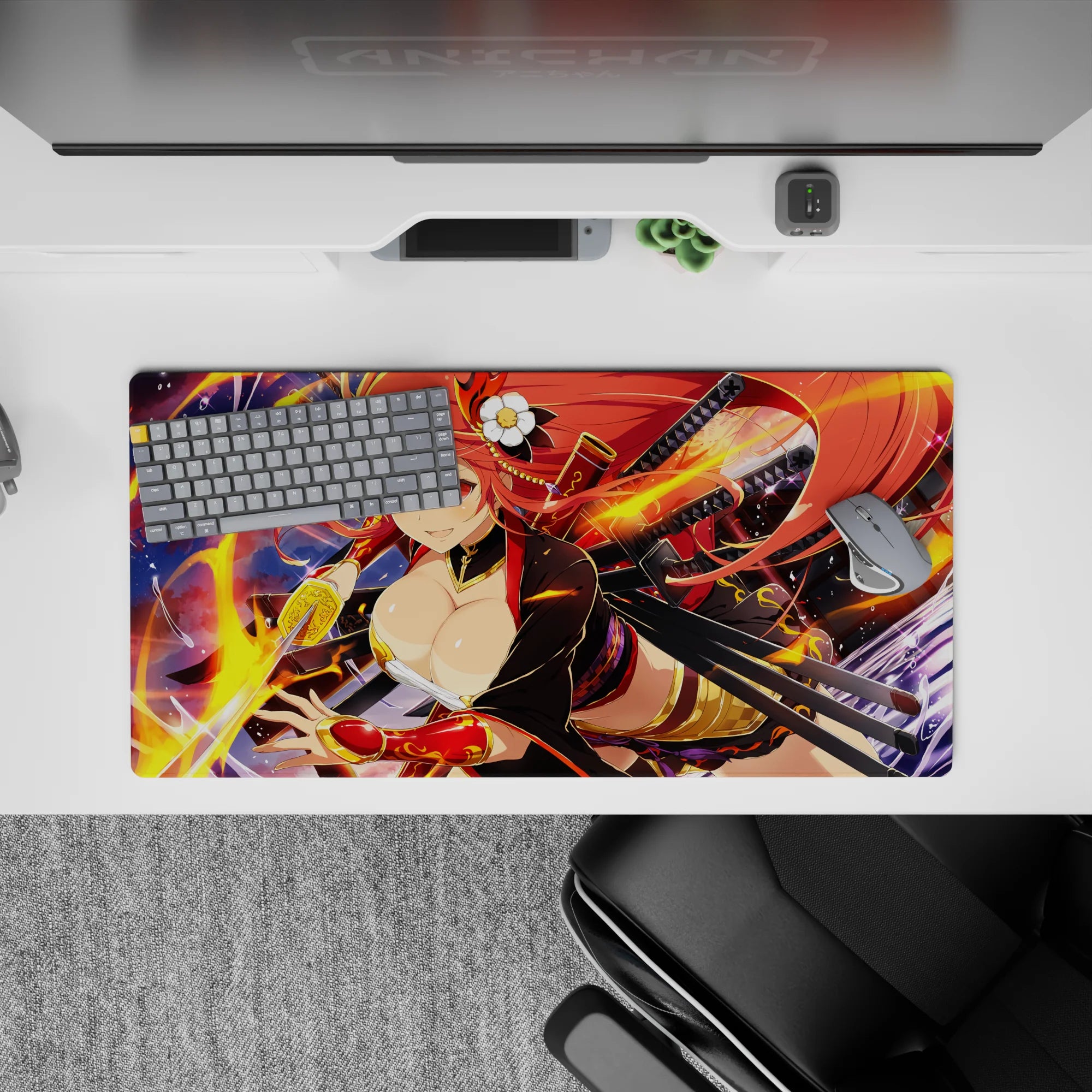 Anime girl mouse pad 32x16 inches in warm reds and neon gold, midnight flame arcs and glossy highlights.