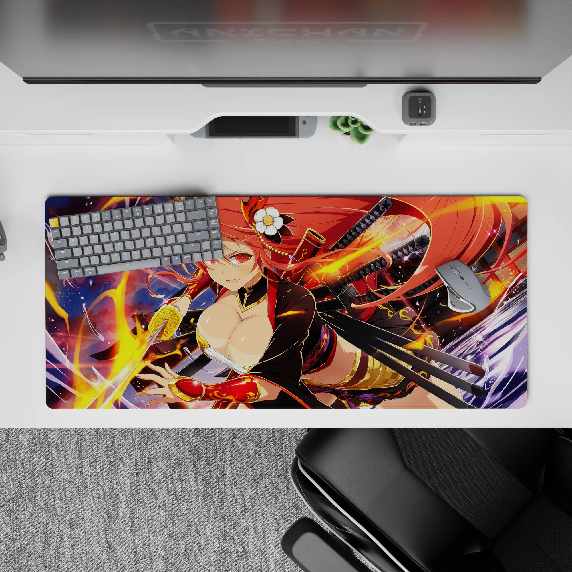 Crimson and gold anime girl desk pad 36x16 inches, neon flame arcs and glossy highlights for a bold mood.