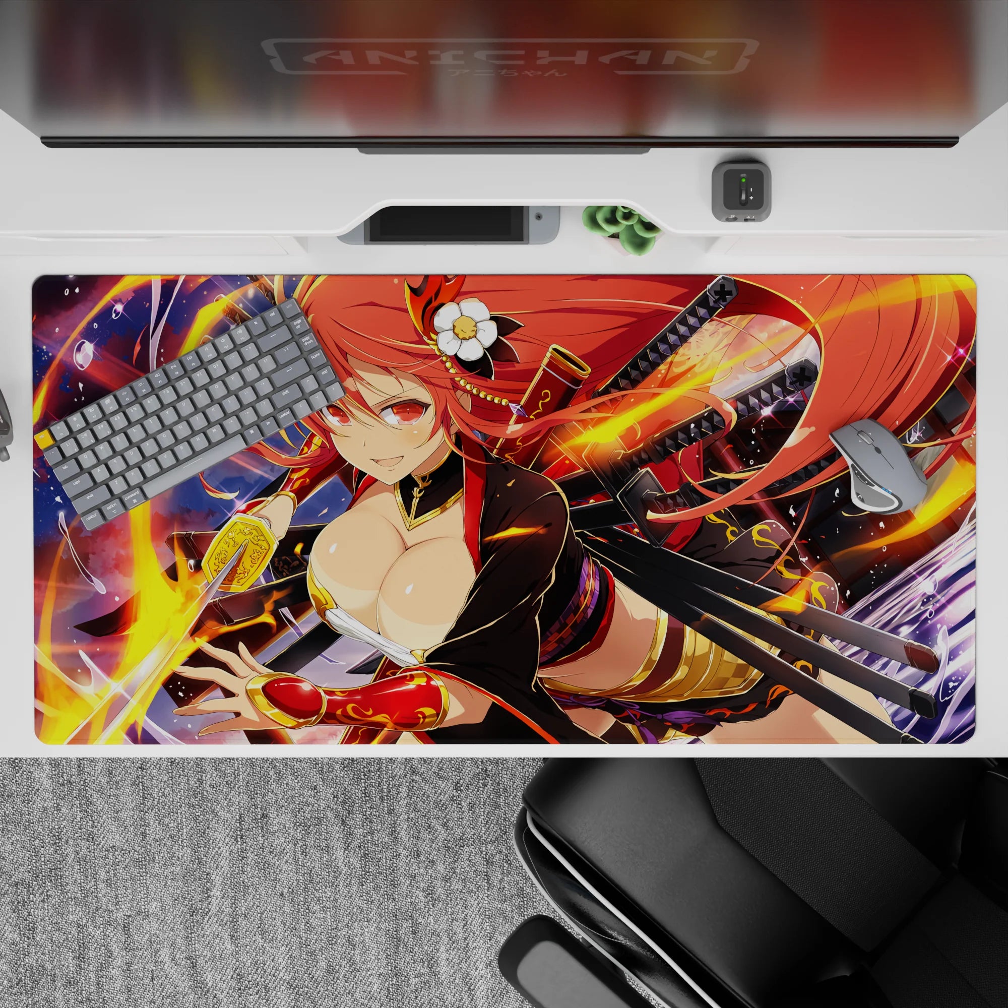 Anime girl desk pad 40x20 inches in warm reds and gold, neon glow on deep sky, midnight duel mood.