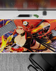 Anime girl desk pad 40x20 inches in warm reds and gold, neon glow on deep sky, midnight duel mood.