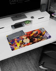 Anime girl mouse pad 28x12 inches showing a cheeky swordswoman mid-duel with two katanas and crimson ribbons.