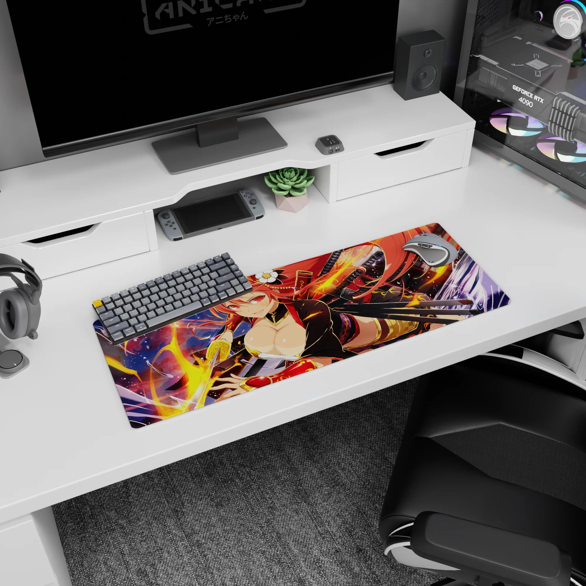32x12 inches anime girl mouse pad featuring a cheeky twin-katana duelist with crimson ribbons and flames.
