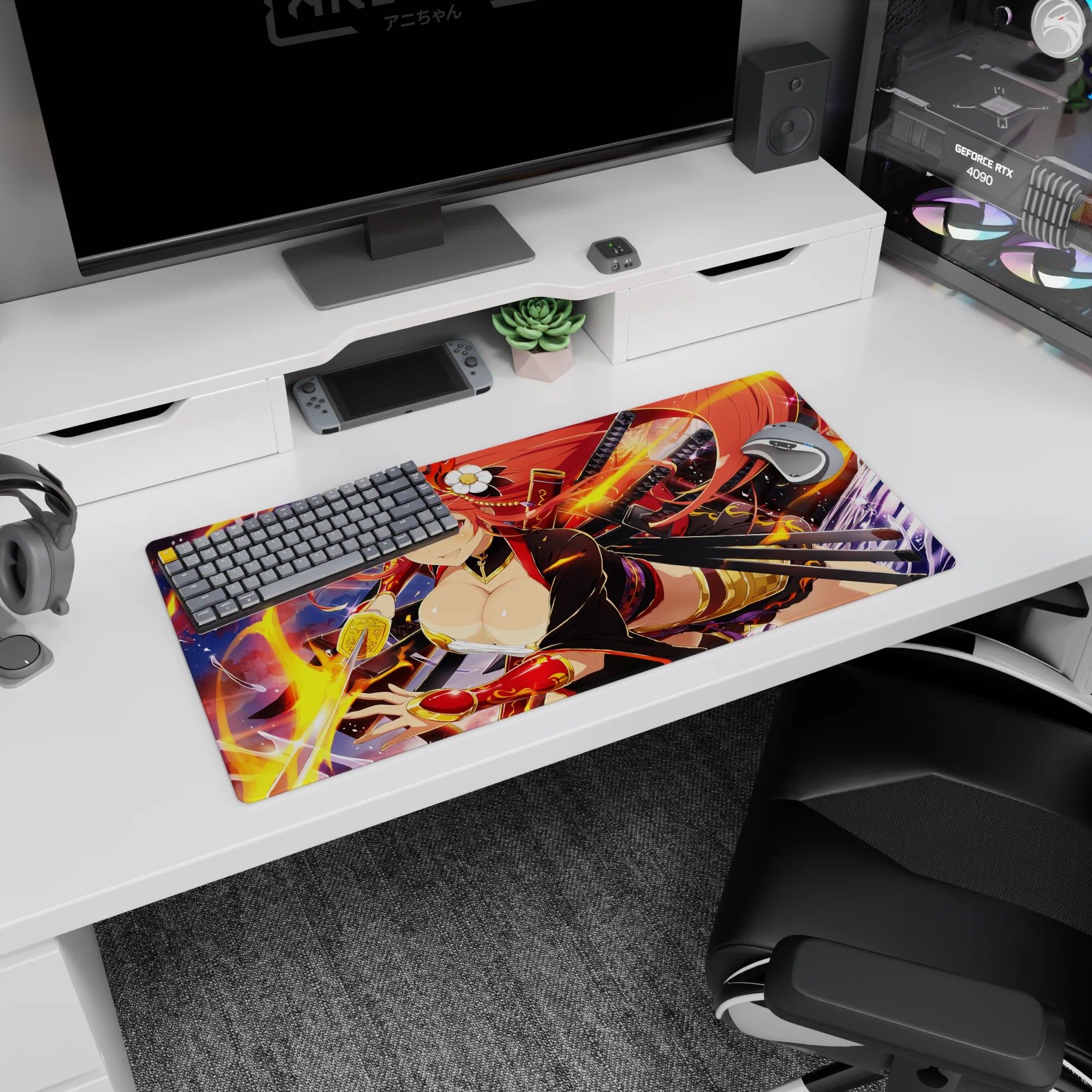 Anime girl mouse pad 32x16 inches showing a cheeky red-haired swordswoman with twin katanas and ribbons.