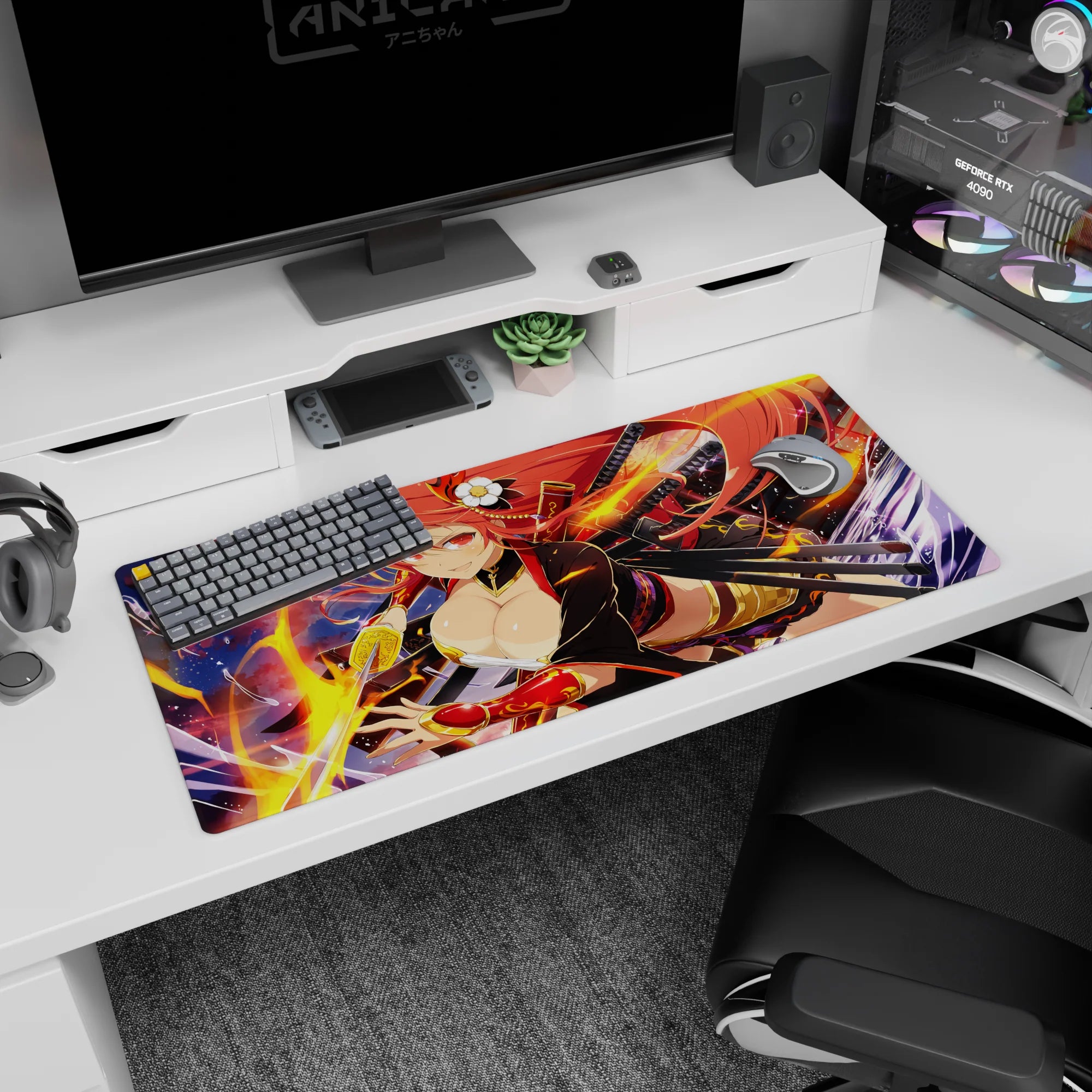 Cheeky anime swordswoman with twin katanas and swirling flames desk pad 36x16 inches in deep night.