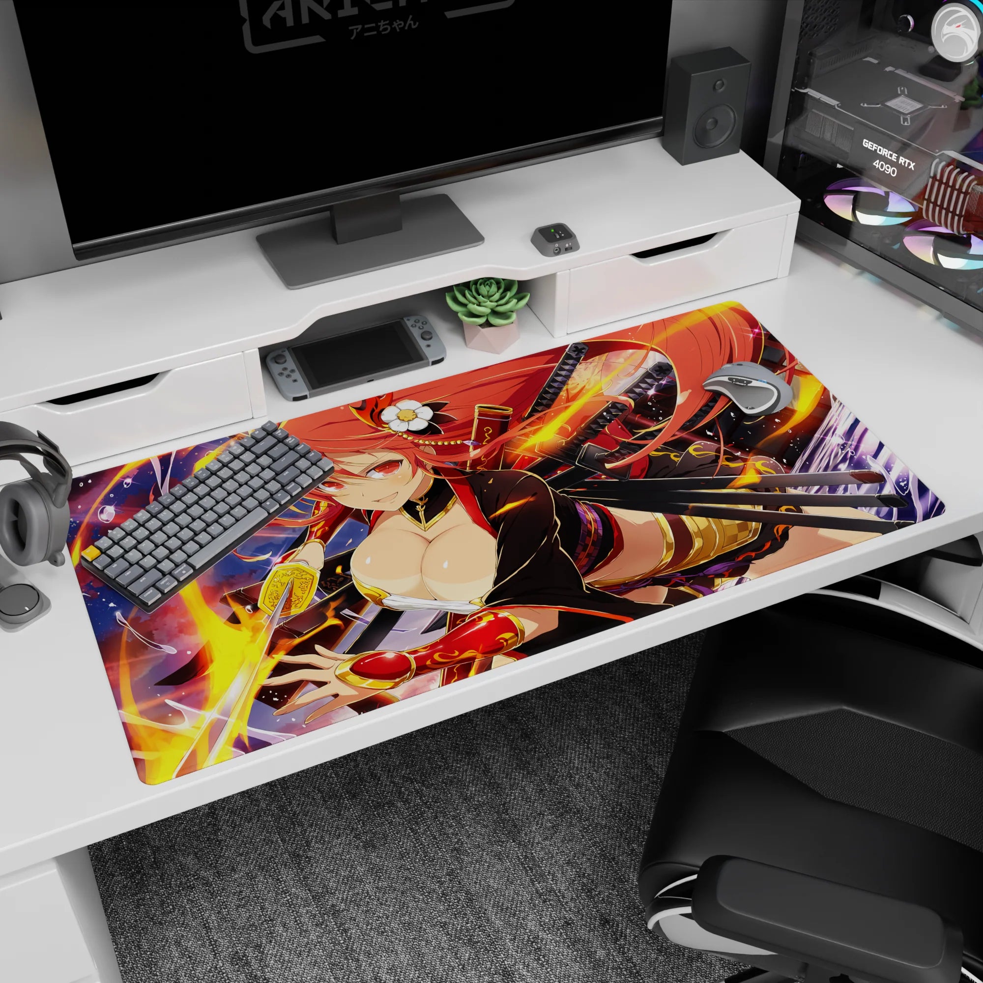Anime girl desk pad 40x20 inches featuring a red-haired swordswoman with two katanas and swirling flames.