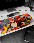 Anime girl desk pad 40x20 inches featuring a red-haired swordswoman with two katanas and swirling flames.
