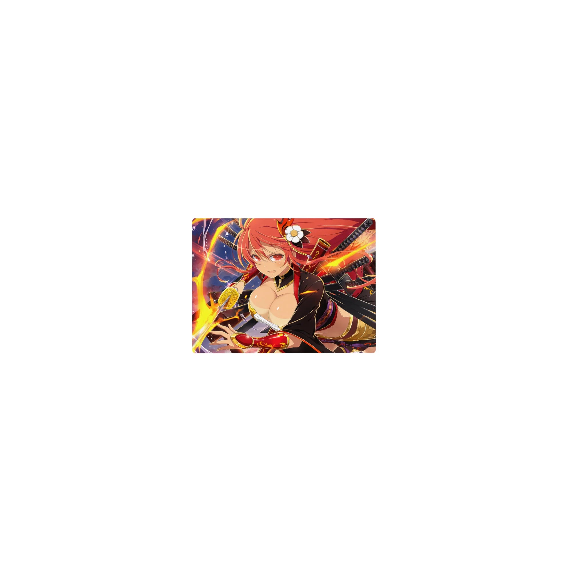 Classic anime girl mouse pad 14x10 inches with fiery-haired katana warrior, neon sparks, and gold accents.