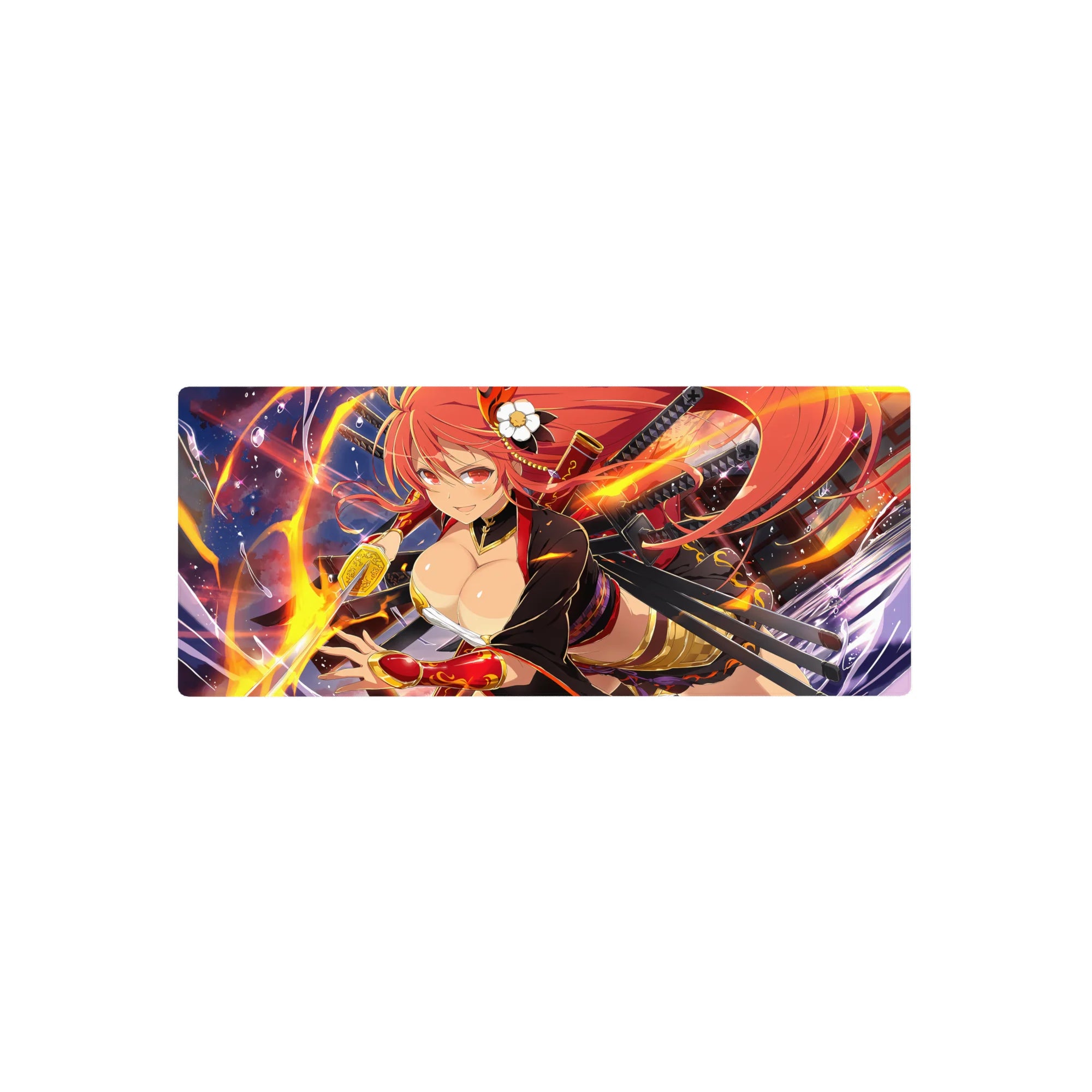 Anime girl mouse pad 28x12 inches with twin katanas, fiery hair, neon sparks, and gold accents.