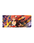 Anime girl mouse pad 28x12 inches with twin katanas, fiery hair, neon sparks, and gold accents.