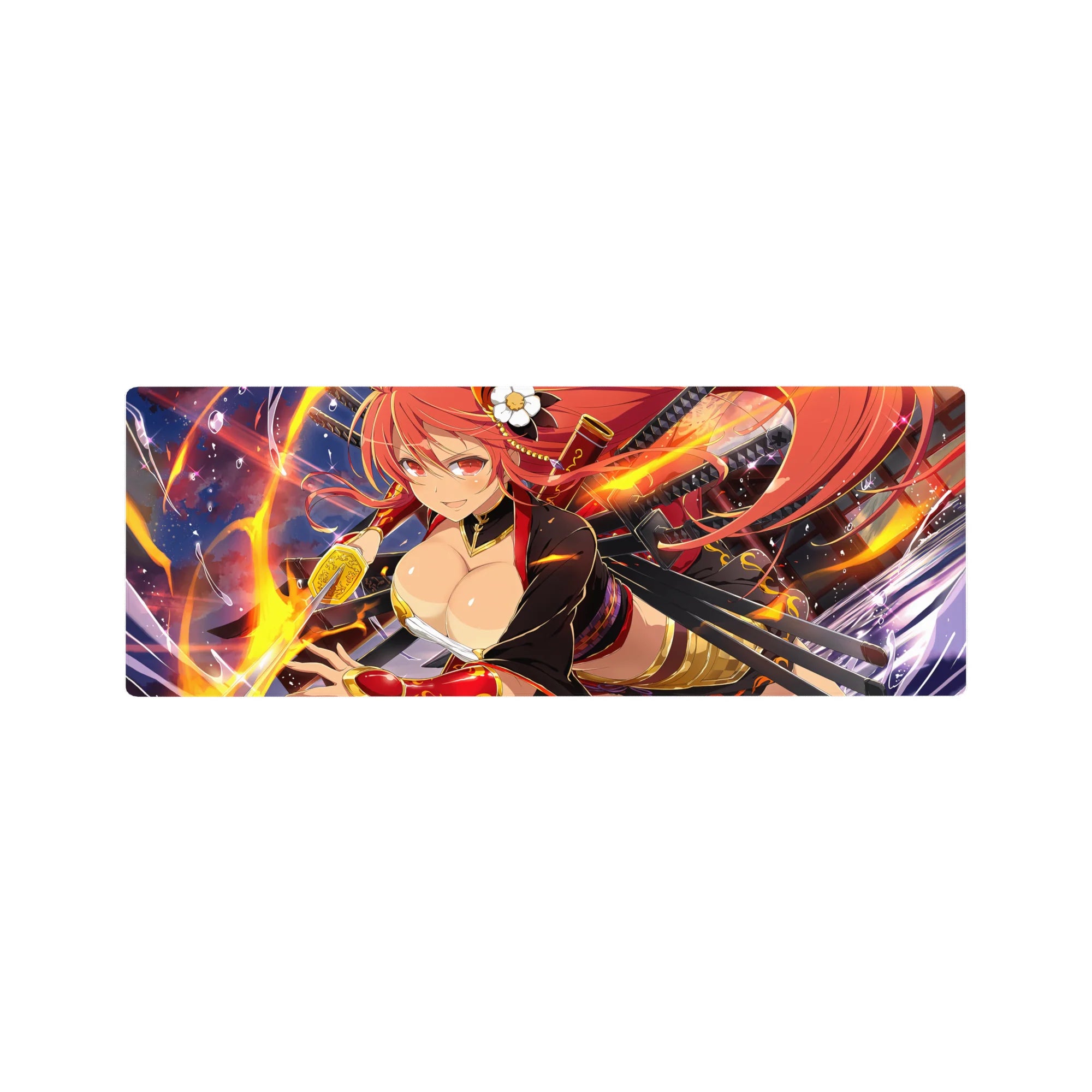 32x12 inches anime girl mouse pad with fiery-haired katana fighter, neon sparks, and gold accents.