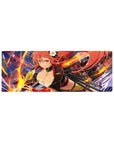 32x12 inches anime girl mouse pad with fiery-haired katana fighter, neon sparks, and gold accents.