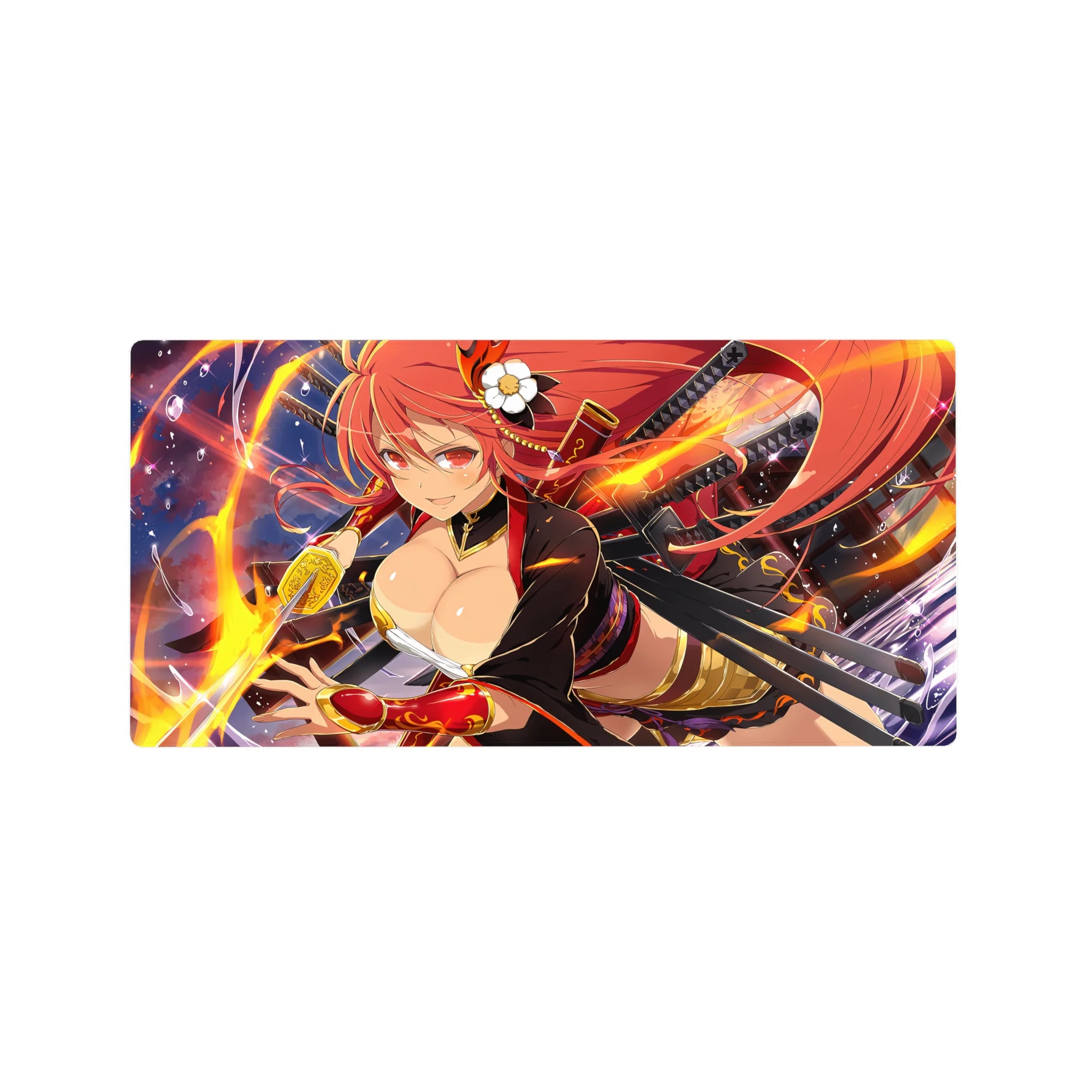 Anime girl mouse pad 32x16 inches with fiery-haired katana duel art, gold neon sparks on dark sky.