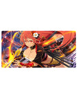 Anime girl mouse pad 32x16 inches with fiery-haired katana duel art, gold neon sparks on dark sky.