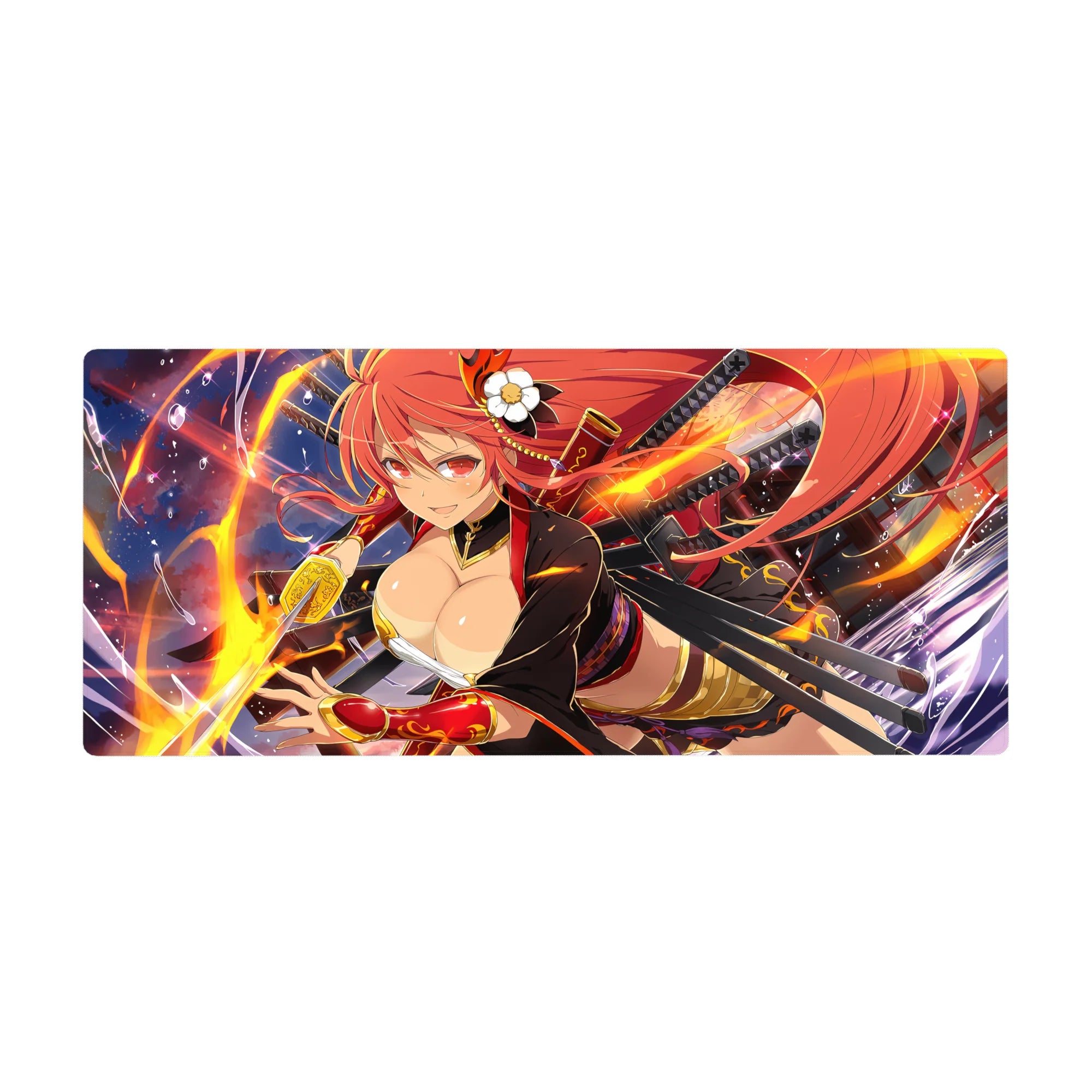 Anime girl desk pad 36x16 inches with fiery hair, twin katanas, gold neon sparks on night sky.