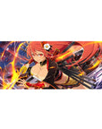 Anime girl desk pad 36x16 inches with fiery hair, twin katanas, gold neon sparks on night sky.