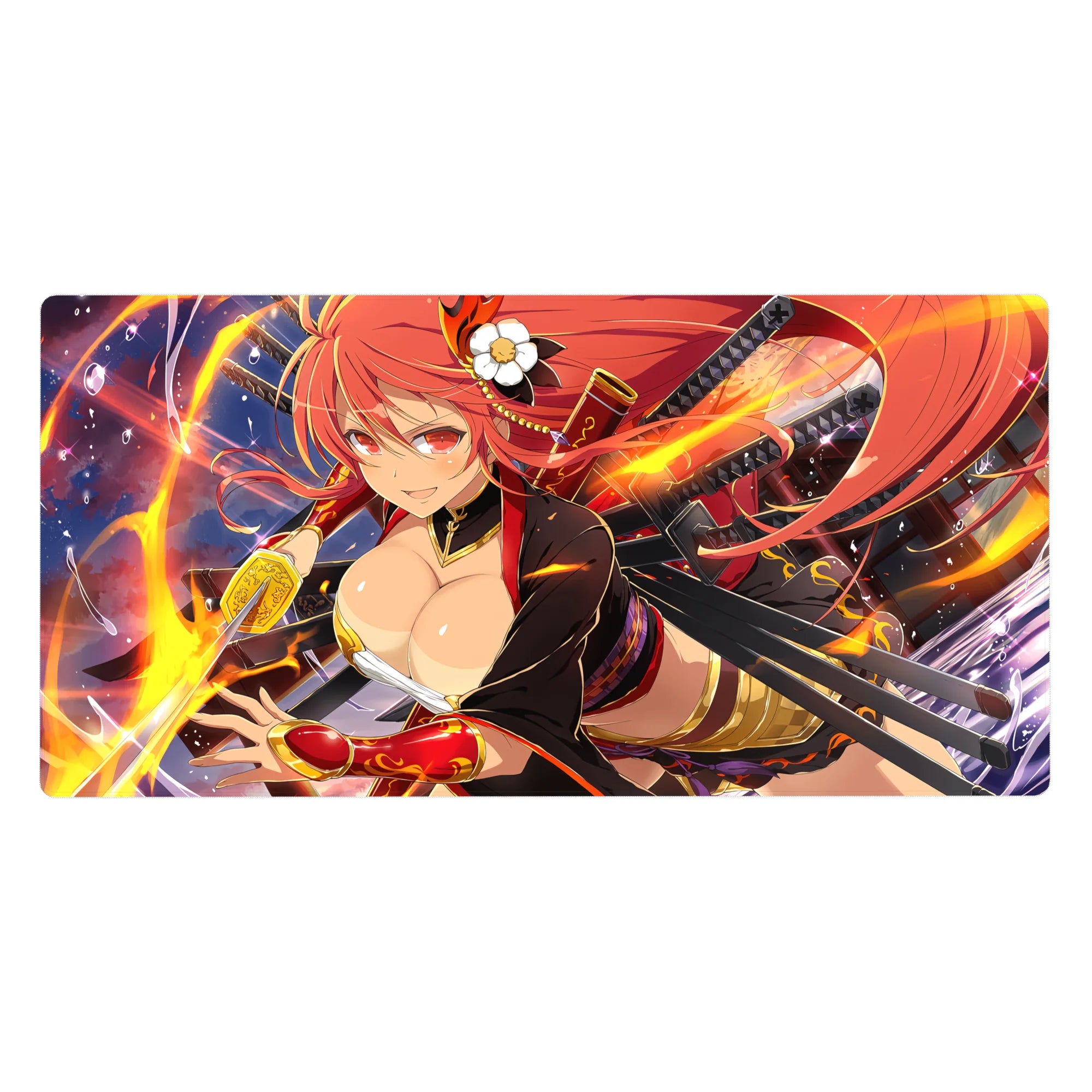 Anime girl desk pad 40x20 inches with fiery hair, twin katanas, gold neon sparks, and flame arcs.