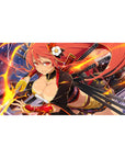 Anime girl desk pad 40x20 inches with fiery hair, twin katanas, gold neon sparks, and flame arcs.