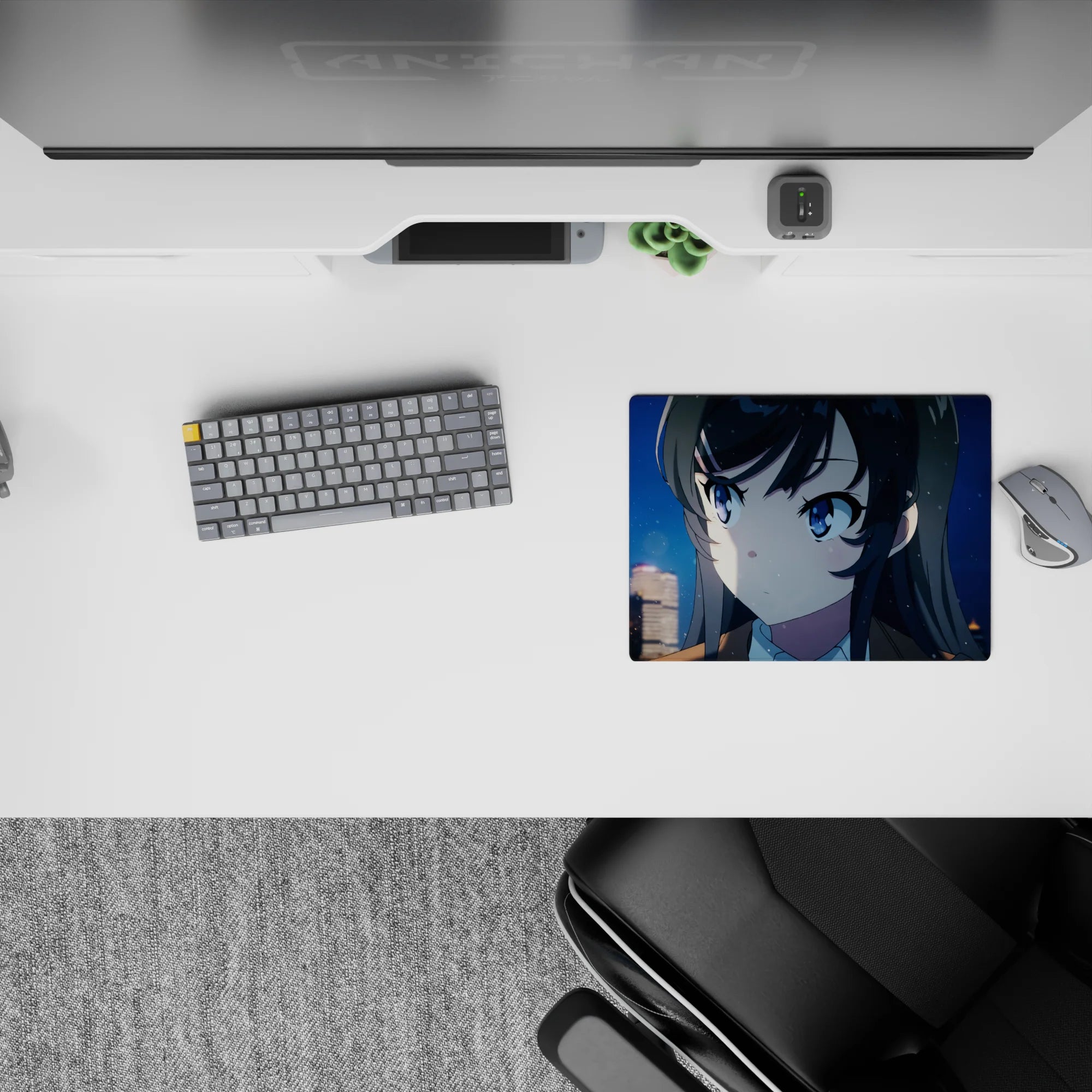 Cozy winter anime mouse pad 14x10 inches in neon blues and soft golds, with drifting snowflakes.