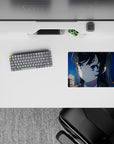 Cozy winter anime mouse pad 14x10 inches in neon blues and soft golds, with drifting snowflakes.