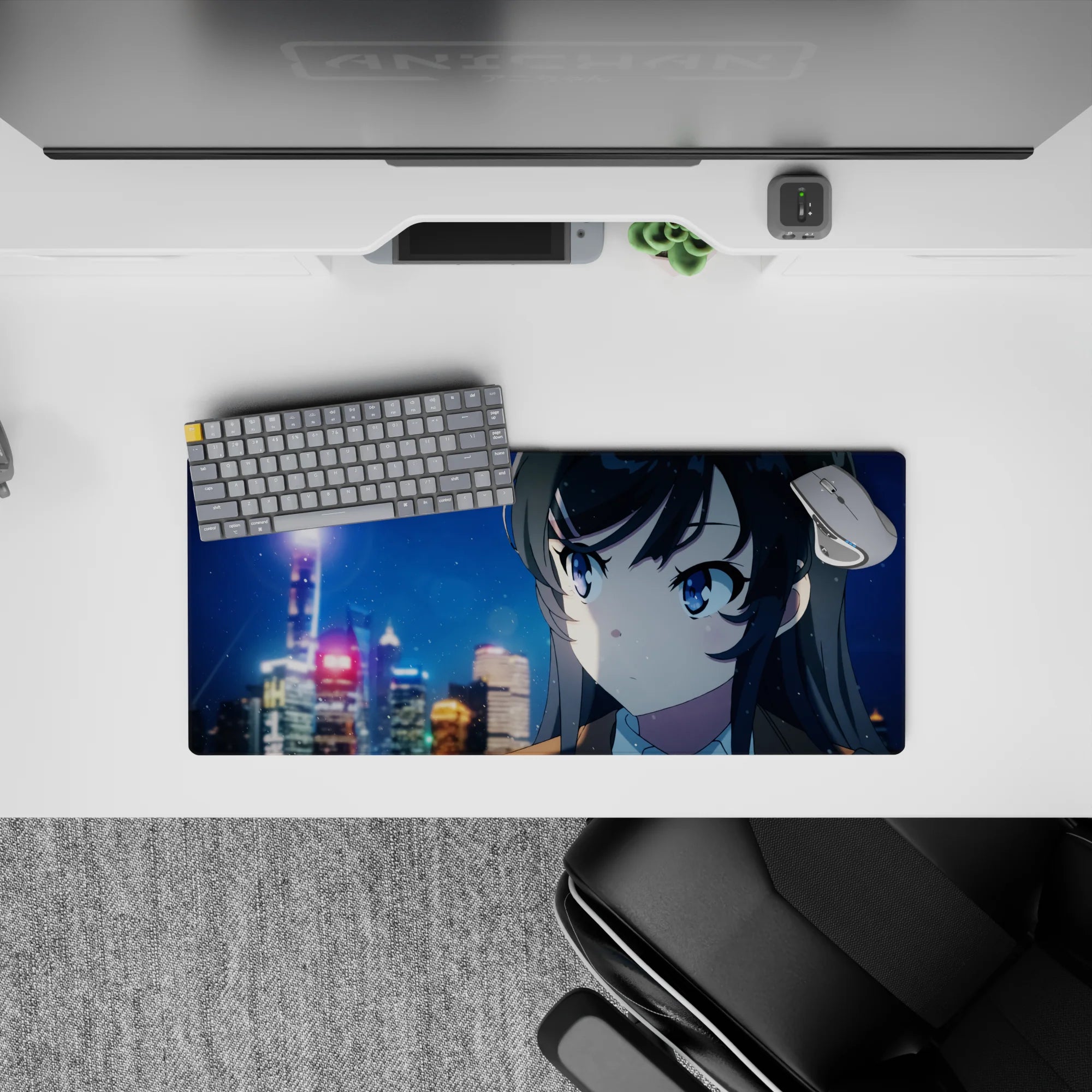 28x12 inches anime desk mat in neon blues and soft golds, cozy winter drama vibe with falling snow.