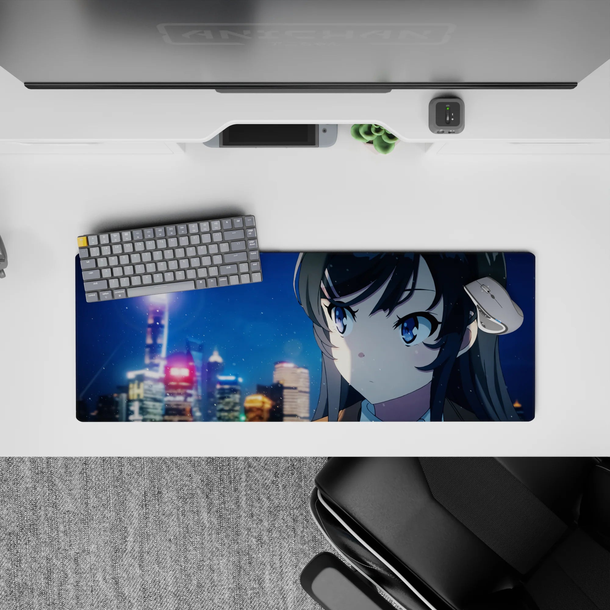 32x12 inches anime desk mouse pad in neon blues and soft golds, cozy winter drama vibe, snowflakes.
