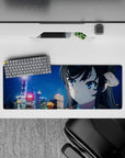 32x12 inches anime desk mouse pad in neon blues and soft golds, cozy winter drama vibe, snowflakes.