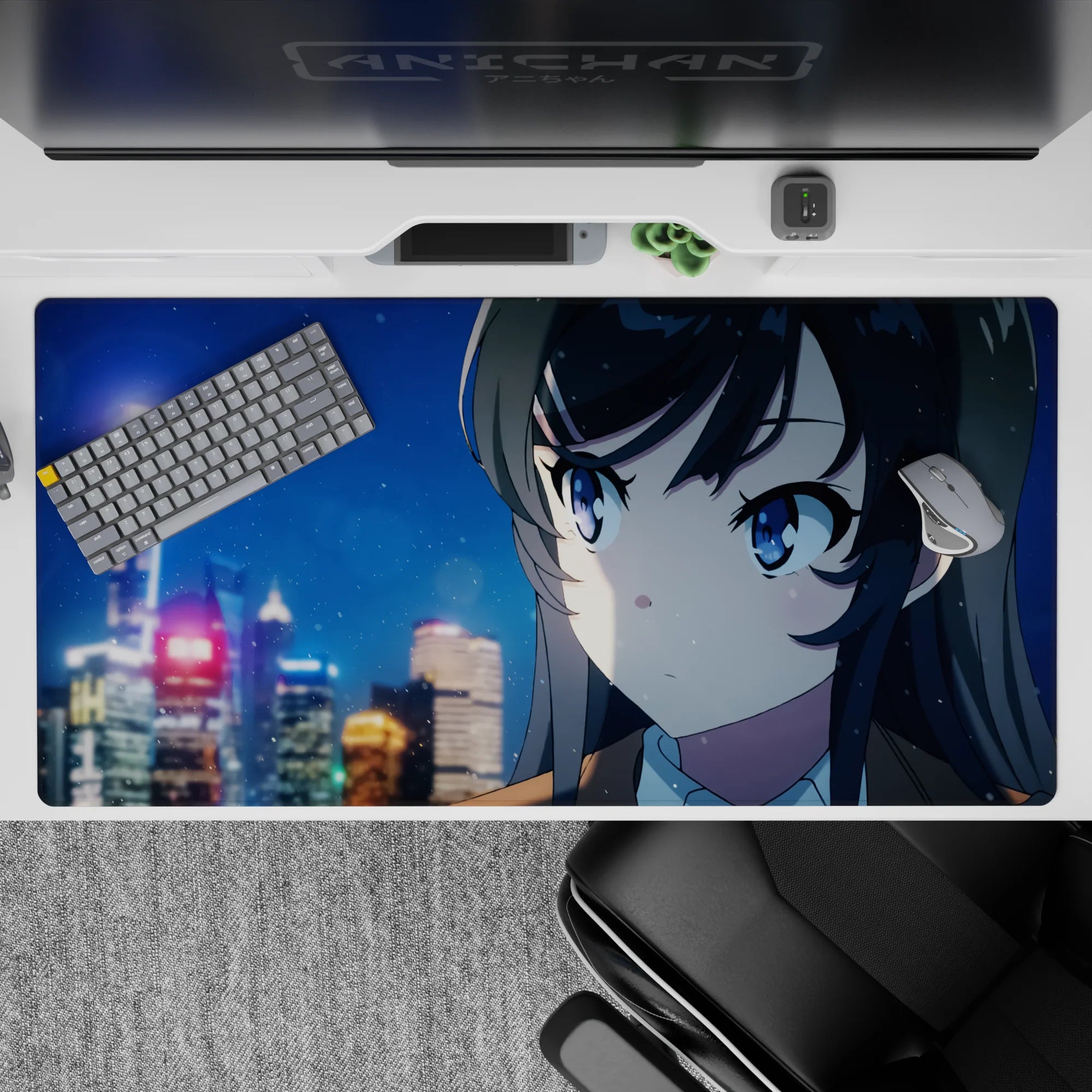 Anime girl desk pad 40x20 inches in neon blues and warm golds, cozy winter drama mood and glow.