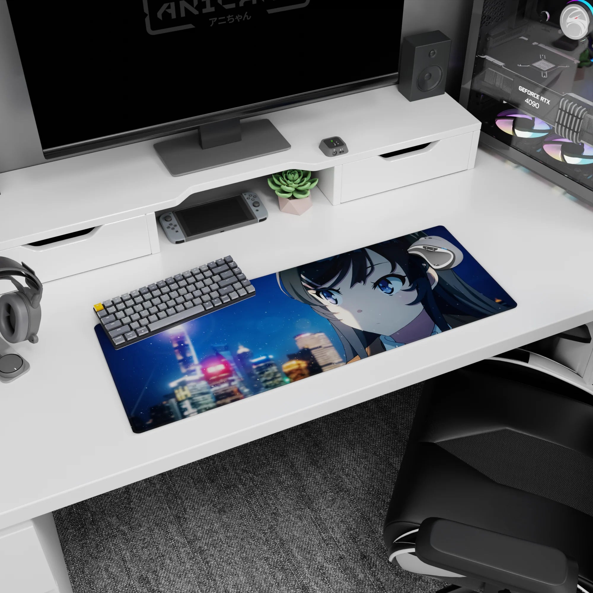 32x12 inches mouse pad featuring blue-eyed anime girl watching snowfall over a blurred neon city at night.