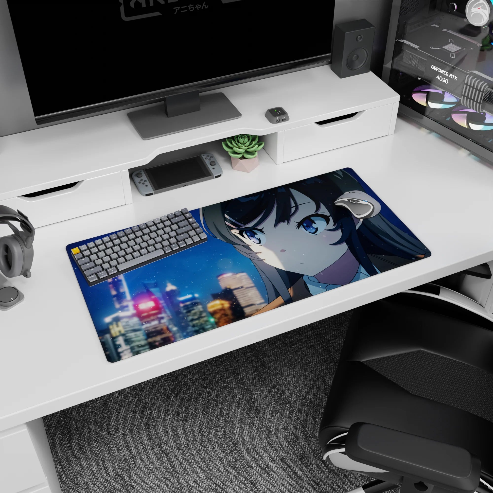 32x16 inches anime girl mouse pad featuring a quiet blue-eyed girl watching snowfall under city lights.