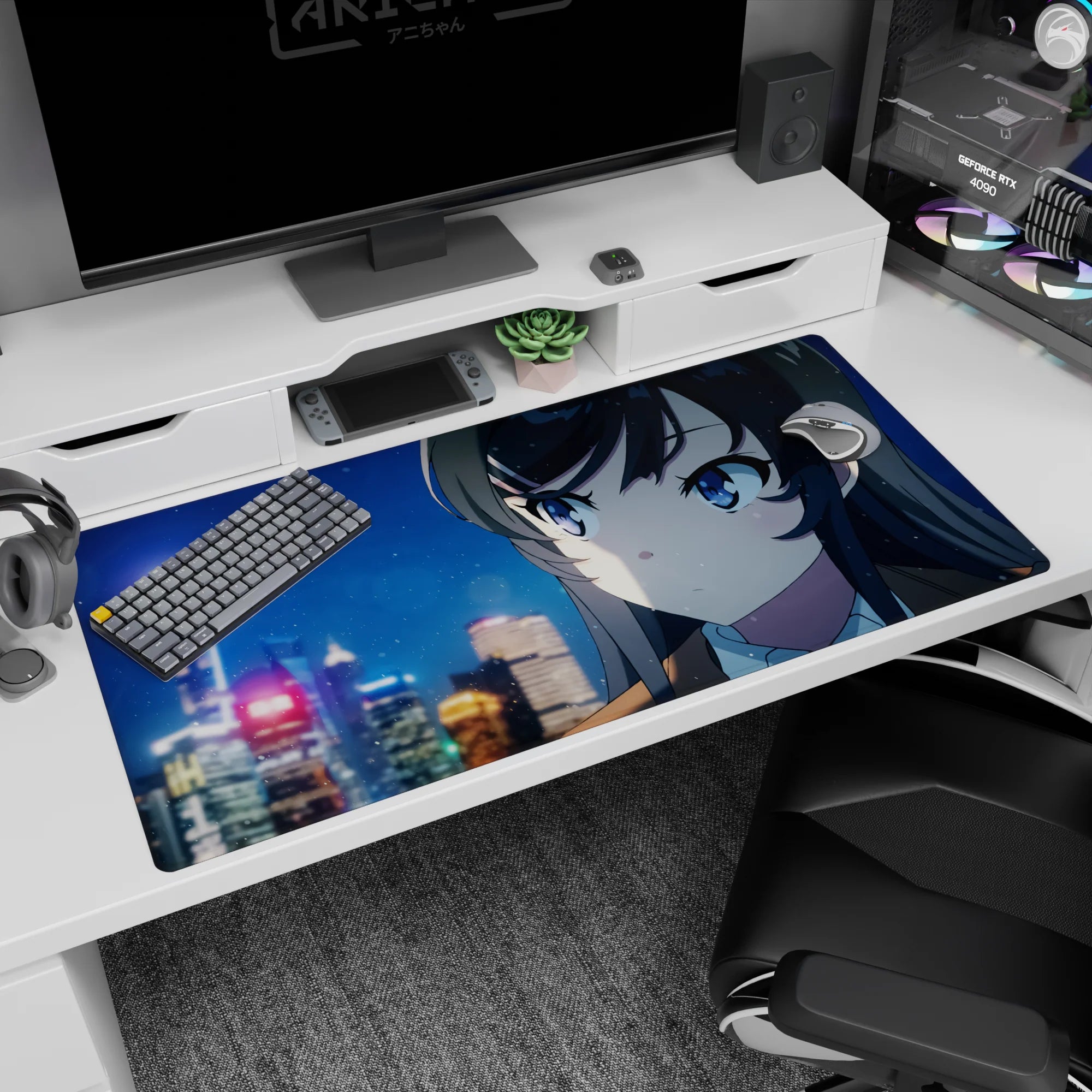 Anime girl desk pad 40x20 inches featuring a quiet blue-eyed anime girl under streetlights in snowfall.
