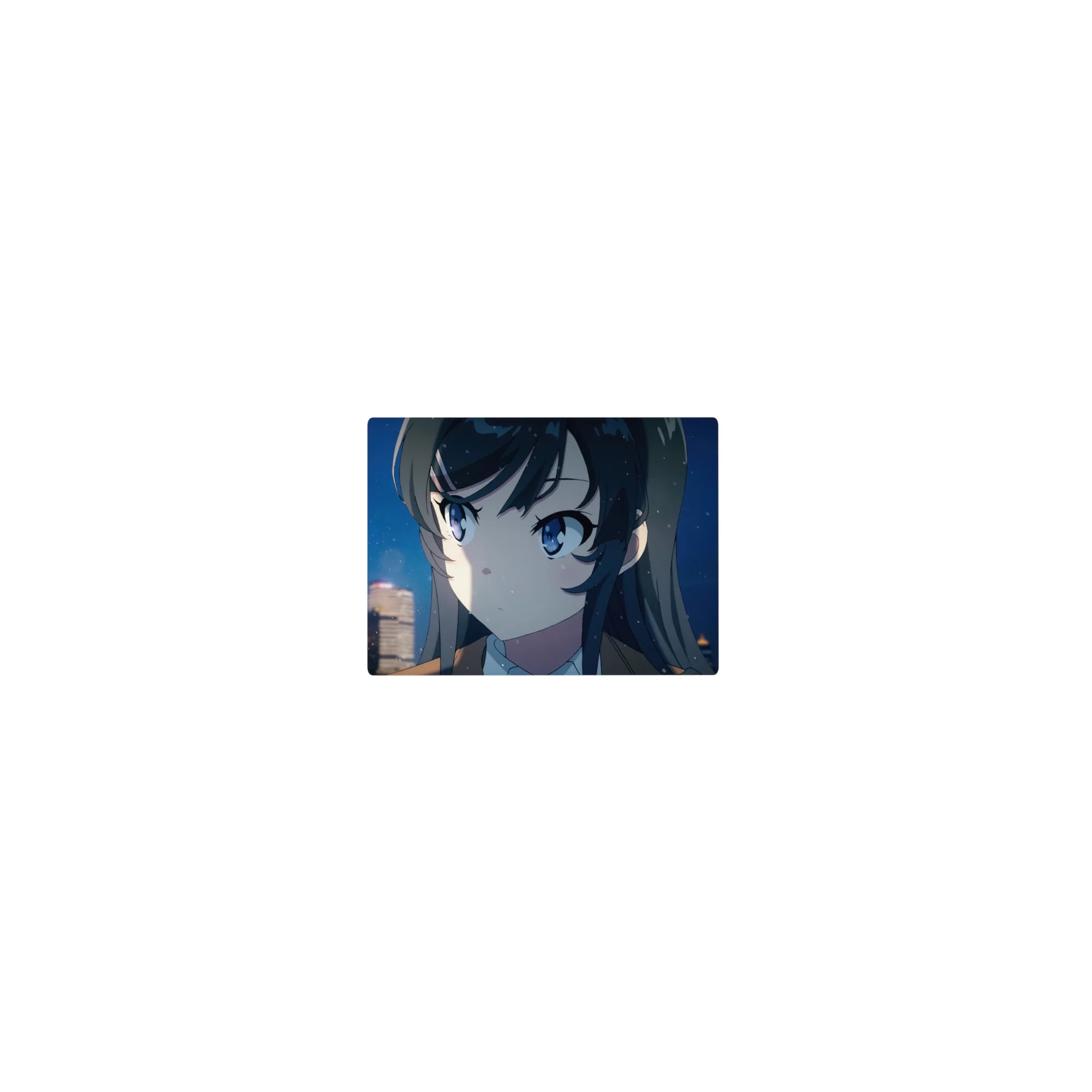 Classic anime girl mouse pad 14x10 inches with snowy neon city skyline and blue-eyed girl at night.