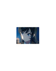 Classic anime girl mouse pad 14x10 inches with snowy neon city skyline and blue-eyed girl at night.