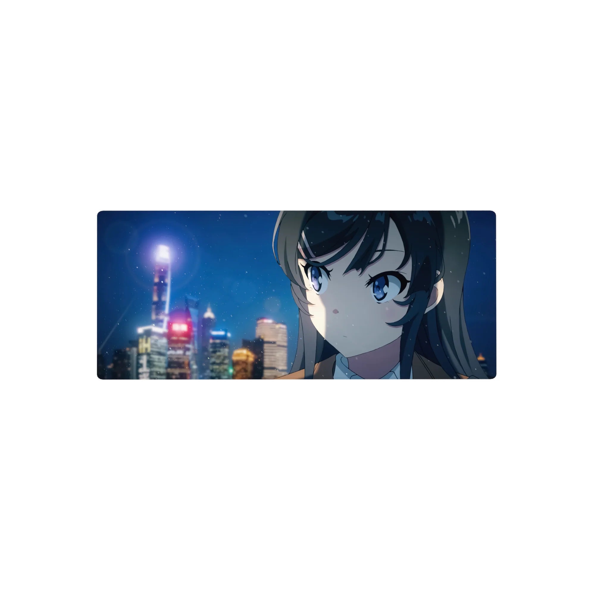28x12 inches anime girl mouse pad with snowy city night skyline, neon streetlights, smooth tracking.