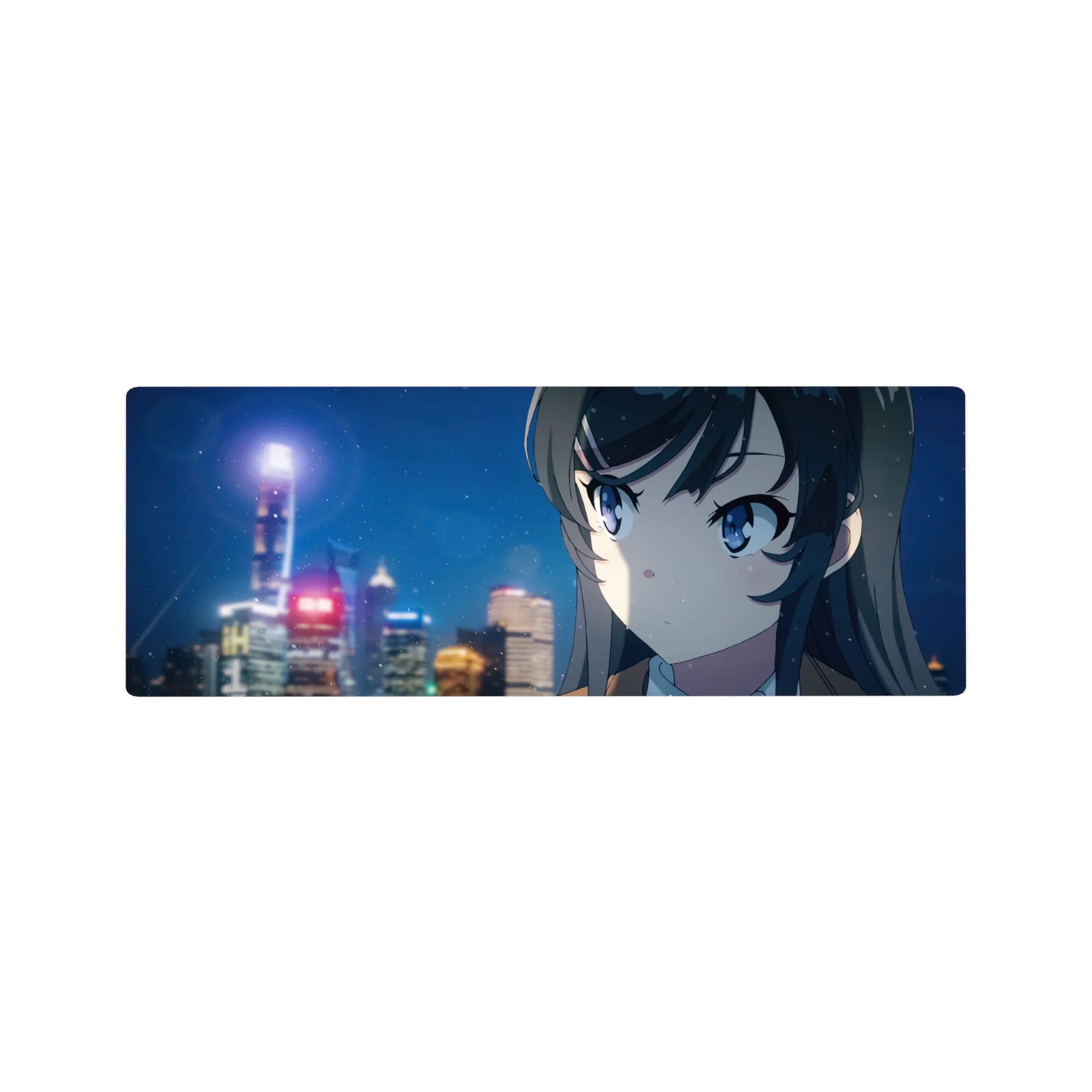 32x12 inches anime girl mouse pad with snowy city night skyline, neon streetlights, smooth desk mat.