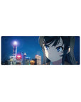 32x12 inches anime girl mouse pad with snowy city night skyline, neon streetlights, smooth desk mat.