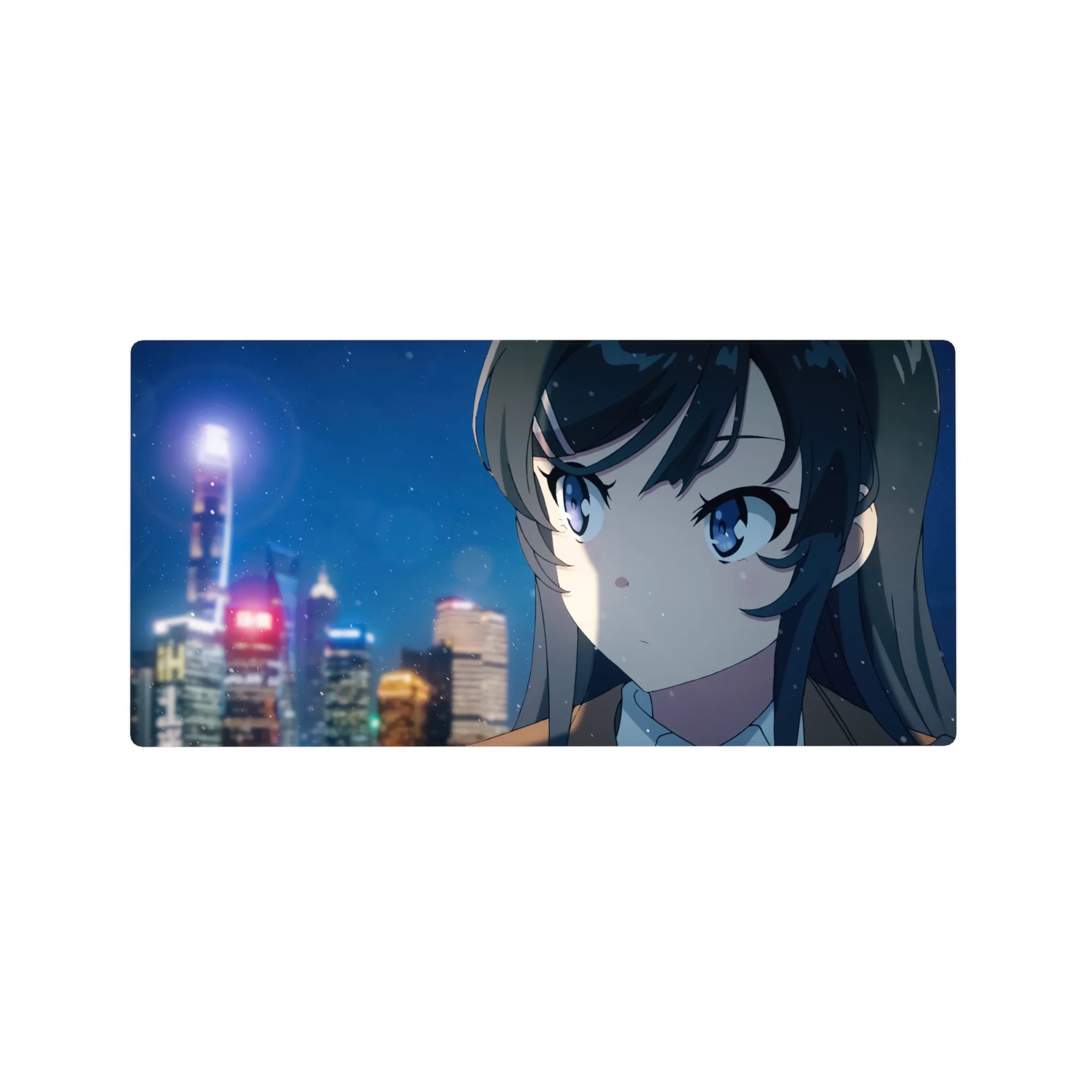 32x16 inches anime girl mouse pad with snowy neon city skyline, smooth desk mat for gaming and work.