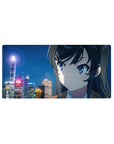 32x16 inches anime girl mouse pad with snowy neon city skyline, smooth desk mat for gaming and work.